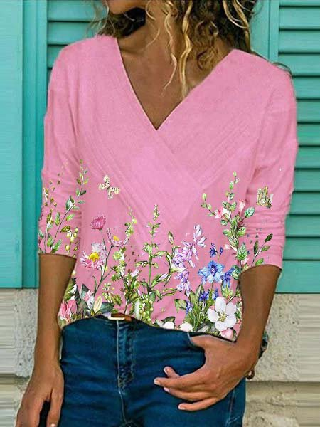 

Scollo a V Maniche Lunghe Misto Cotone Stampato Floreale Top, Rosa, T-Shirts