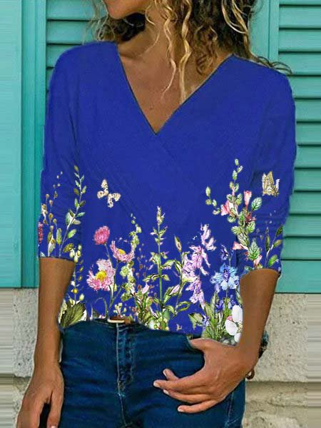 

Stampato Floreale Scollo a V Maniche Lunghe Top, Blu, Tops