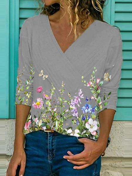 

Casuale Stampato Floreale Misto Cotone Scollo a V Top, Grigio, T-Shirts