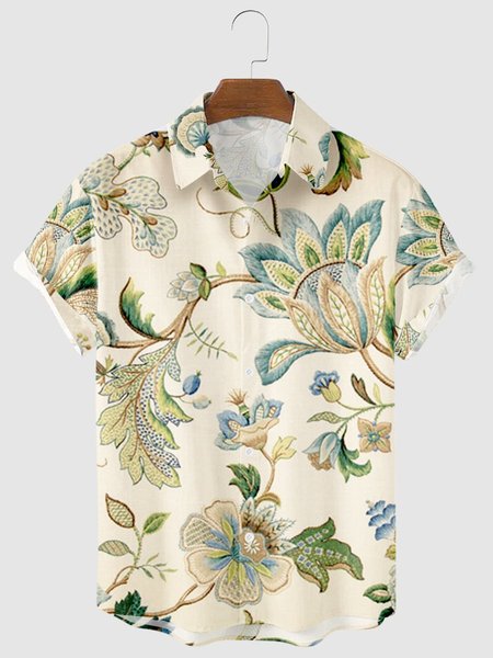 

Mens Vintage Floral Print Lapel Casual Loose Short Sleeve Hawaiian Shirt, White, Men's shirts