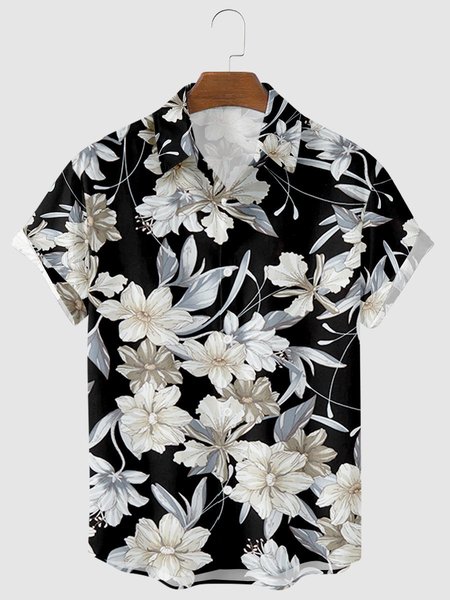 

Mens Vintage Floral Print Lapel Casual Loose Short Sleeve Hawaiian Shirt, Black, Shirts ＆ Blouse