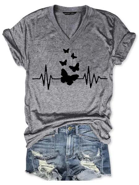 

Stampato Scollo a V Casuale Maniche Corte Top, Grigio, Blouses & Shirts