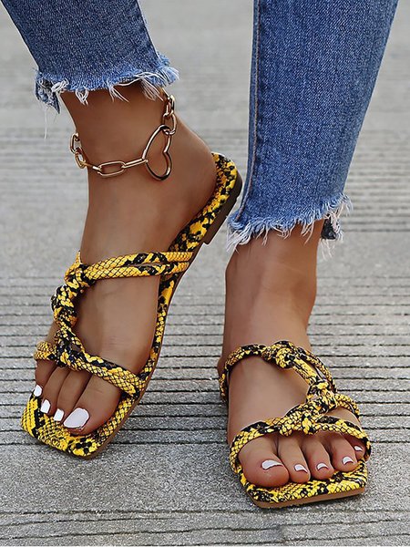 

Summer Flat Square Toe Buckle Sandals Holiday Women's Shoes, Yellow, Sandals