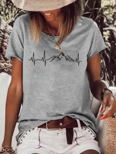 

Mountain Heartbeat Graphic T-Shirts Women Novelty Hiking Shirt Casual Camping Travel Tee Tops, Gray, T-shirts