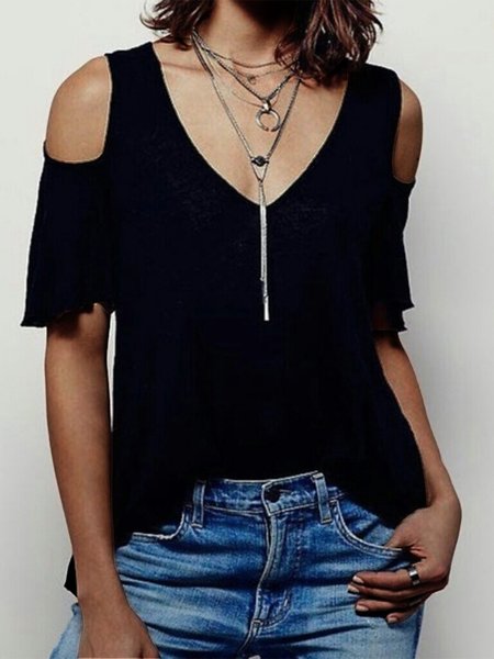 

Cold Shoulder Plain V Neck Cotton-Blend T-shirt, Black, T-Shirts