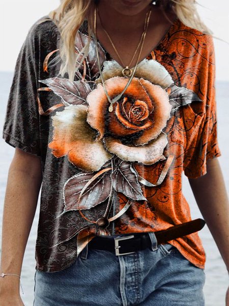 

Asymmetric rose contrast floral striped T-shirt, Orange, T-Shirts