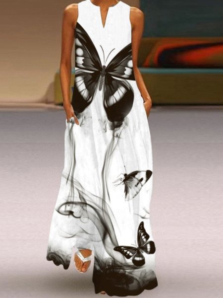 

Polyester Fibre Sleeveless V Neck Casual Weaving Dress, White, Boho dresses