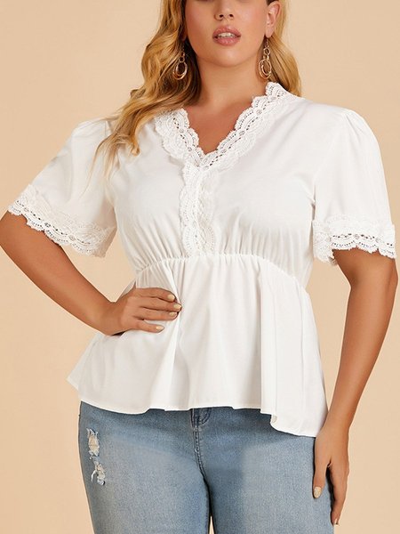 

Short Sleeve V Neck A-Line Elegant Blouse, White, Shirts & Blouses