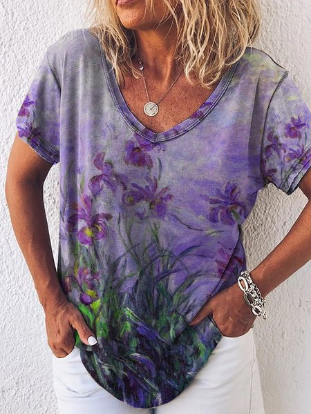 

Floral Shift Casual V Neck T-shirt, As picture, Tees & T-shirts