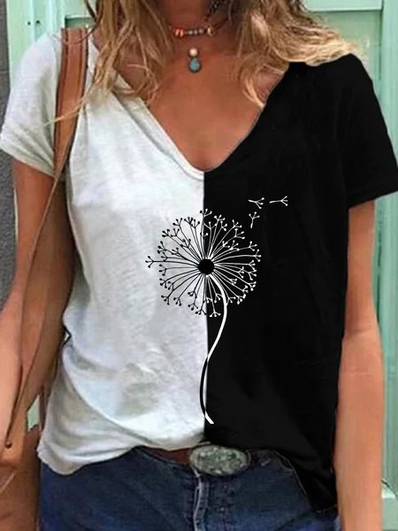 

Floral Cotton Short Sleeve V Neck Tops, As picture, T-Shirts