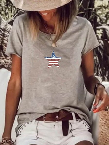 

Star Short Sleeve Printed Cotton-blend Crew Neck Casual Summer Beige Top, T-Shirts