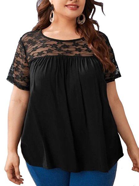 

Cotton-Blend Short Sleeve Crew Neck Tops, Black, T-Shirts
