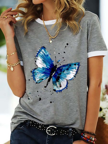 

Butterfly Graphic Short Sleeve Ringer T Shirt, Gray, T-shirts