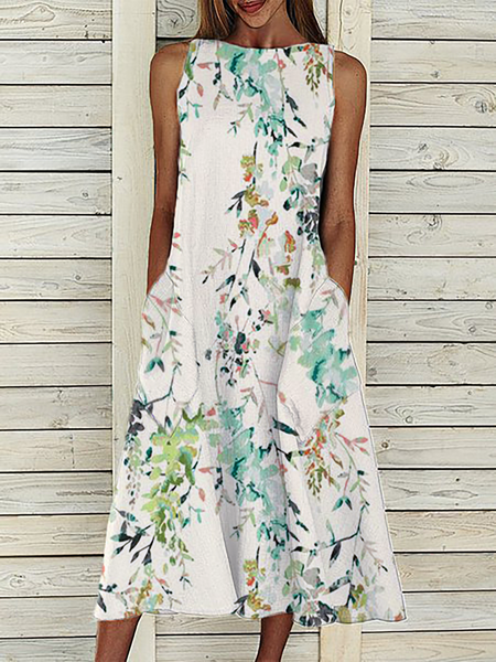 

Casuale Stampato Senza Maniche Abito, Bianco, Midi Dresses