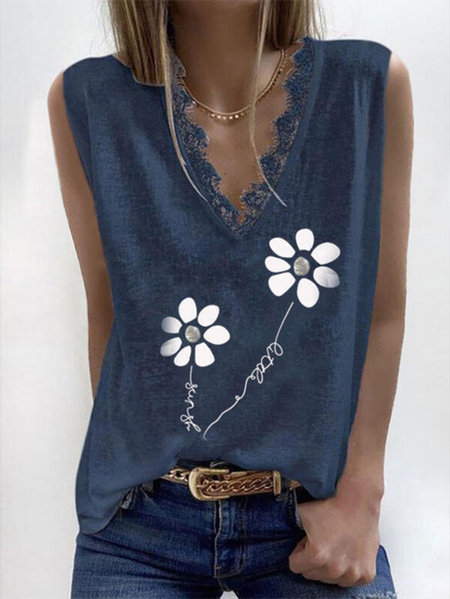 

Floral-print V Neck Casual Sleeveless Vests, Navy blue, Tops