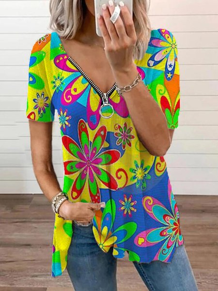 

Cotton Short Sleeve Zipper Vintage T-shirt, Multicolor, Tops