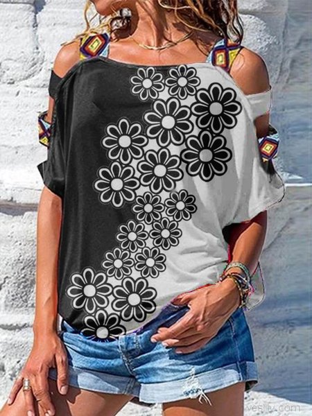 

Maniche Corte Ricorrere Dritto Floreale Top, Nero, Blouses & Shirts