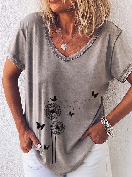 

Maniche Corte Stampato Casuale Scollo a V Top, Grigio, Tops
