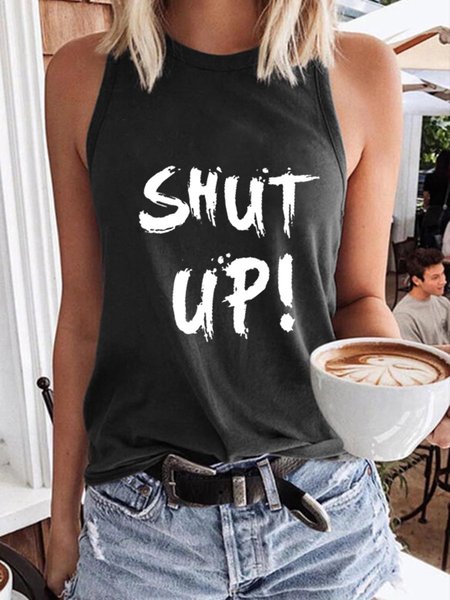 

Shut Up Casual Cotton-Blend Sleeveless Vests, Black, Tank Tops