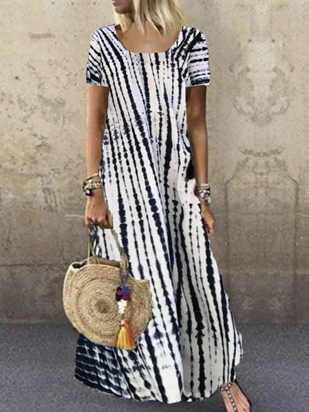 

Vacanza Tinto Legato Stampato Maniche Corte Abito, Bianco, Maxi Dresses