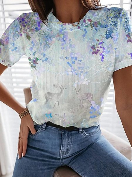 

Cotone Casuale Floreale Girocollo Top, Blu, Blouses & Shirts