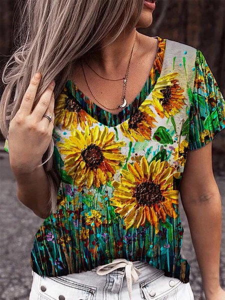 

Cotton Floral Resort V Neck Shirts & Tops, Yellow, T-Shirts