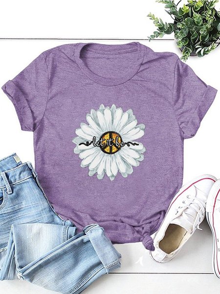 

Daisy Let It Be Casual Crew Neck Short Sleeve Shirts & Tops, Purple, T-shirts