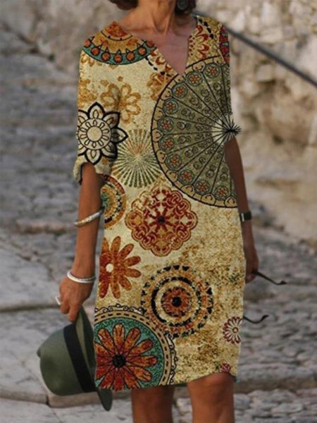 

Vintage Boho Geometric Floral Printed Plus Size Half Sleeves Casual Dresses, Yellow, Midi Dresses