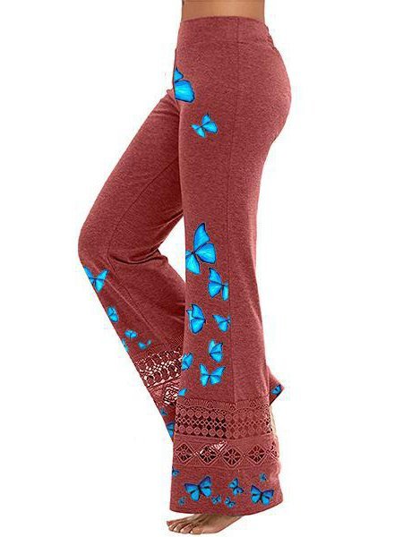 

Casual and comfortable butterfly print trousers, Brick red, Pants