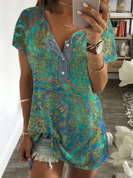 

Color-Block Casual Crew Neck T-shirt, Green, Blouses & Shirts