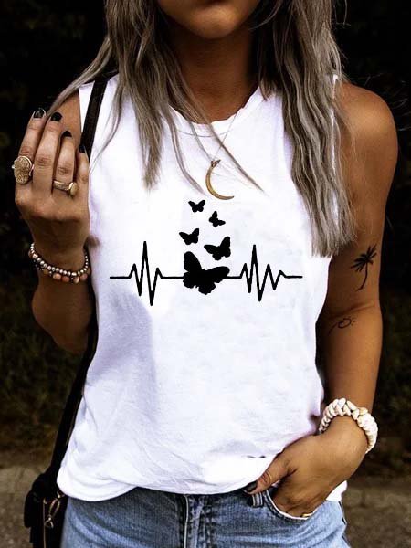 

Girocollo senza maniche Stampato Casuale Gilet, Bianco, Tops