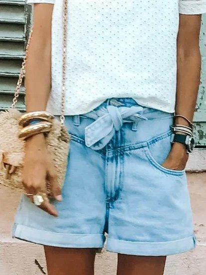 

Plain Shift Pants, Blue, Denim Shorts