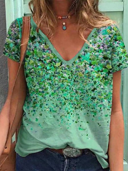 

Shift Leaves V Neck Short Sleeve T-shirt, Green, T-Shirts