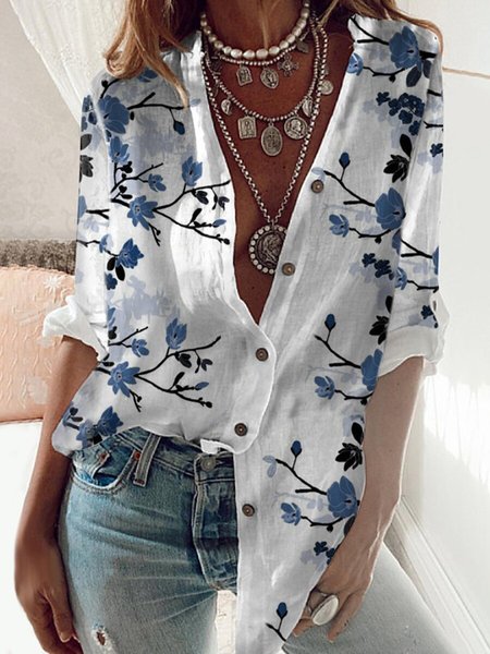 

Casual Long Sleeve Stand Collar Cotton Blouse, White, Blouses & Shirts