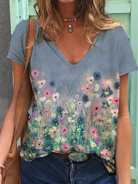 

Floreale Vacanza Maniche Corte Top, Grigio, Blouses & Shirts