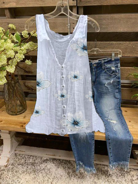 

Vintage Buttoned Floral Blouse, White, Tank Tops & Camis