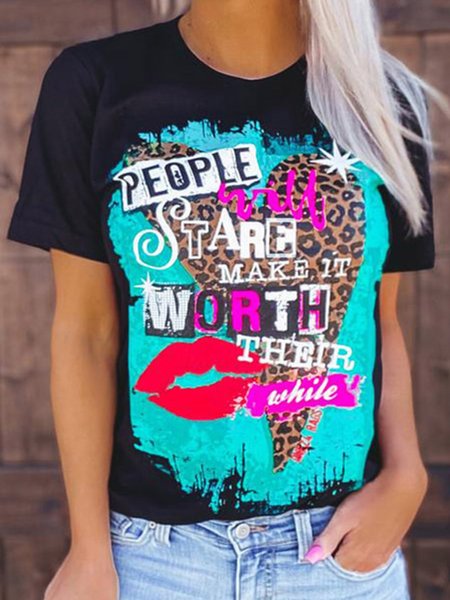 

Vintage Leopard Letter Geometric Printed Plus Size Short Sleeves Round Neck Casual Tops, Black, T-Shirts