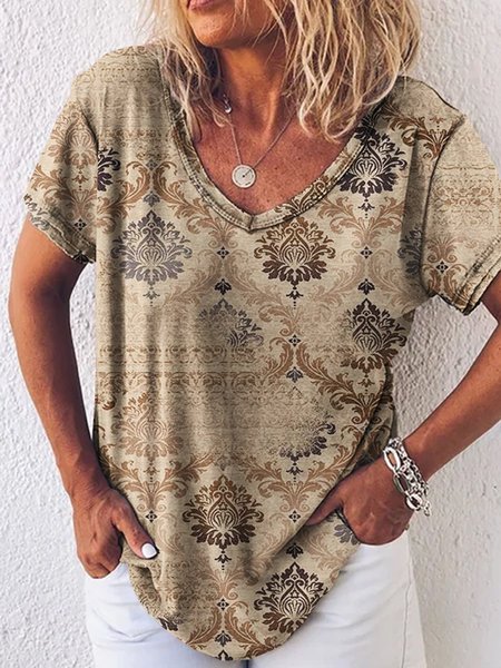 Geometrico Scollo a V Maniche Corte Top, Albicocca, Tops