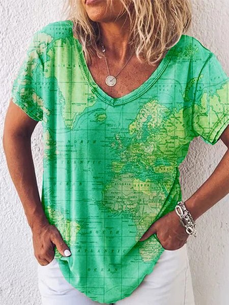

Printed V Neck Cotton Short Sleeve Shirts & Tops, Green, T-Shirts