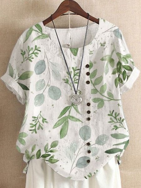 

Casual Crew Neck Leaves Buttoned Short Sleeve Blouse, White, Blouses & Shirts