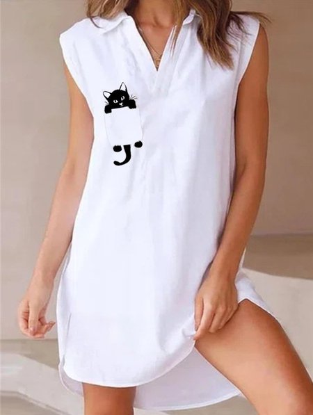 

V Neck Sleeveless Animal Cat Printed Weaving Dress, White, Casual Dresses
