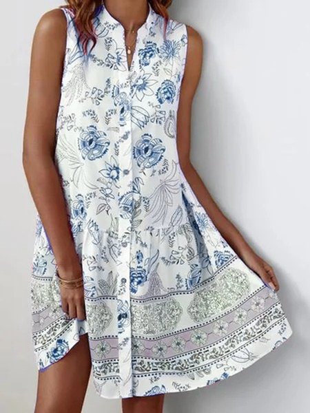 

Short Sleeve Casual Printed Weaving Dress, Blue, Floral Dresses