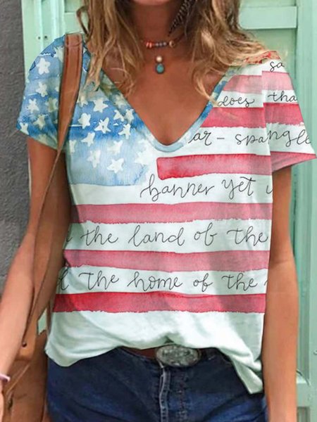 

Flag Short Sleeve Printed Cotton-blend V neck Holiday Summer Multicolor Top, T-Shirts