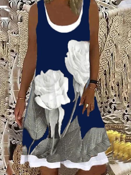 

Floral Crew Neck Casual Knitting Dress, Blue, Floral Dresses