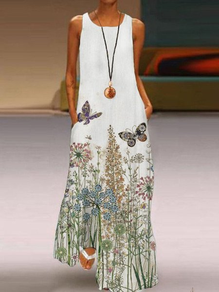 

Floreale Farfalla Stampato Senza Maniche Girocollo Abito, Bianco, Casual Dresses