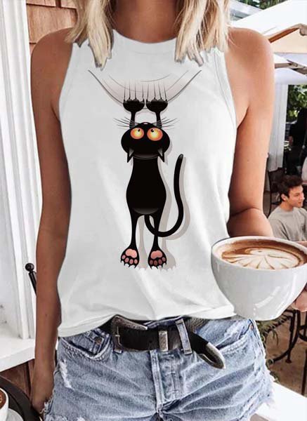 

Cat Shift Crew Neck Casual Tanks & Camis, White, Tanks & Camis