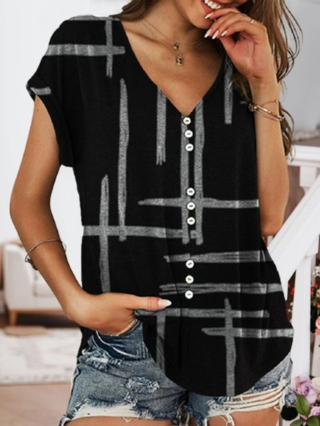 

Short Sleeve V-neck Button Stripe Women T-Shirt, Black, Tops