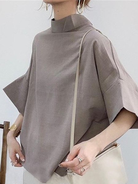 

Casual Half Sleeve Turtleneck Shift Plain Blouse, Gray, Blouses and Shirts