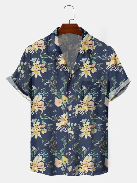

Men's New Style Short Sleeve Casual Loose Shirt, Navy blue, Men's Floral shirt