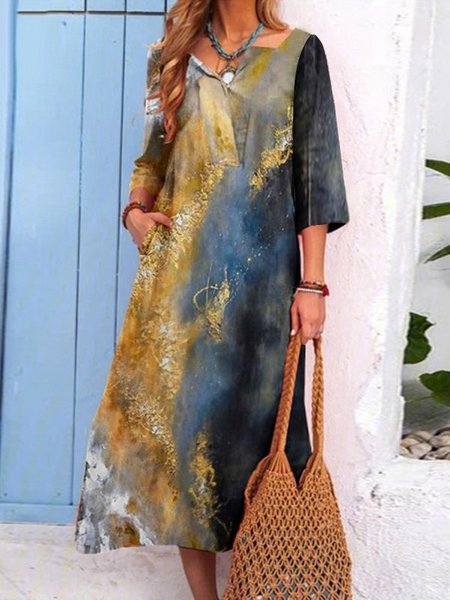 

Ombre/tie-Dye V Neck 3/4 Sleeve Sea Casual Weaving Dress, As picture, Boho dresses